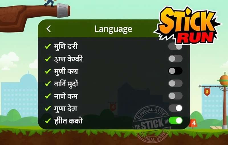 Stick Run language selection screen showing various Indian language options with Stick Run watermark